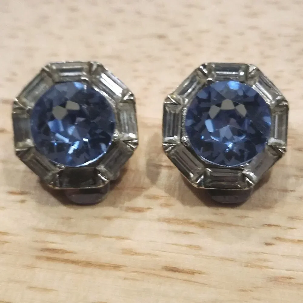 60s Vintage Signed Bellini Silver Tone Rhinestone Clip Earrings Blue Octagon